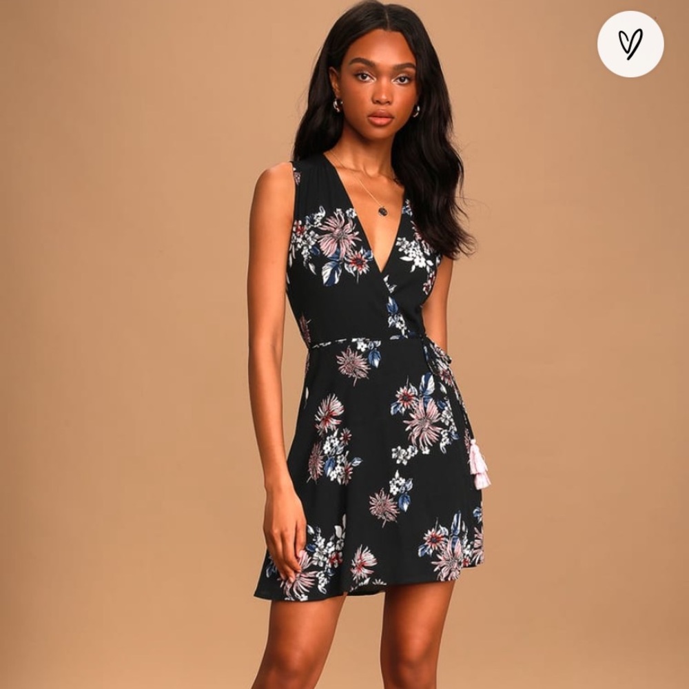Lulus Black Floral Print Wrap Dress